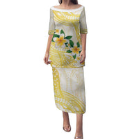 Gold And White Polynesia Plumeria Puletasi Curves Tropical Vibes LT14 Long Dress Gold - Polynesian Pride