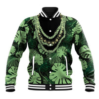 Green Hawaii Kukui Nut Lei Baseball Jacket Hawaiian Pattern Monstera Tropical Vibes LT14 Unisex Green - Polynesian Pride