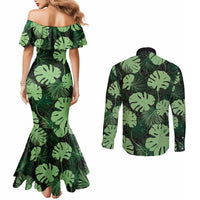 Green Hawaii Kukui Nut Lei Couples Matching Mermaid Dress and Long Sleeve Button Shirt Hawaiian Pattern Monstera Tropical Vibes - Polynesian Pride