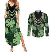 Green Hawaii Kukui Nut Lei Couples Matching Summer Maxi Dress and Long Sleeve Button Shirt Hawaiian Pattern Monstera Tropical Vibes - Polynesian Pride