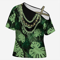 Green Hawaii Kukui Nut Lei Cross Shoulder Shirt Hawaiian Pattern Monstera Tropical Vibes LT14 Female Green - Polynesian Pride