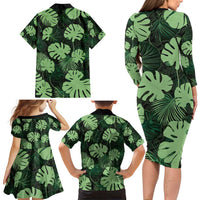 Green Hawaii Kukui Nut Lei Family Matching Long Sleeve Bodycon Dress and Hawaiian Shirt Hawaiian Pattern Monstera Tropical Vibes - Polynesian Pride