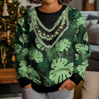Green Hawaii Kukui Nut Lei Kid Ugly Christmas Sweater Hawaiian Pattern Monstera Tropical Vibes LT14 - Polynesian Pride