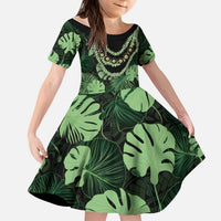 Green Hawaii Kukui Nut Lei Kid Short Sleeve Dress Hawaiian Pattern Monstera Tropical Vibes LT14 KID Green - Polynesian Pride