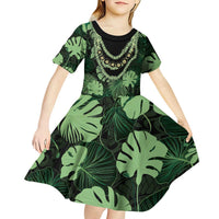 Green Hawaii Kukui Nut Lei Kid Short Sleeve Dress Hawaiian Pattern Monstera Tropical Vibes LT14 - Polynesian Pride