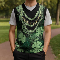 Green Hawaii Kukui Nut Lei Christmas Knitted V-Neck Vest Hawaiian Pattern Monstera Tropical Vibes LT14 - Polynesian Pride