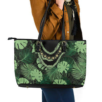 Green Hawaii Kukui Nut Lei Leather Tote Bag Hawaiian Pattern Monstera Tropical Vibes - Polynesian Pride