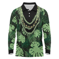 Green Hawaii Kukui Nut Lei Long Sleeve Polo Shirt Hawaiian Pattern Monstera Tropical Vibes LT14 Green - Polynesian Pride