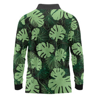 Green Hawaii Kukui Nut Lei Long Sleeve Polo Shirt Hawaiian Pattern Monstera Tropical Vibes LT14 - Polynesian Pride