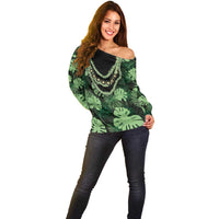 Green Hawaii Kukui Nut Lei Off Shoulder Sweater Hawaiian Pattern Monstera Tropical Vibes - Polynesian Pride