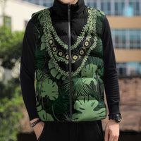 Green Hawaii Kukui Nut Lei Sleeveless Puffer Jacket Hawaiian Pattern Monstera Tropical Vibes LT14 - Polynesian Pride