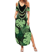 Green Hawaii Kukui Nut Lei Summer Maxi Dress Hawaiian Pattern Monstera Tropical Vibes LT14 Women Green - Polynesian Pride