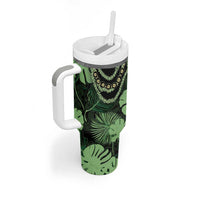 Green Hawaii Kukui Nut Lei Tumbler With Handle Hawaiian Pattern Monstera Tropical Vibes - Polynesian Pride