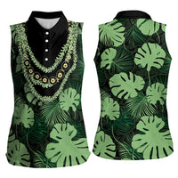 Green Hawaii Kukui Nut Lei Women Sleeveless Polo Shirt Hawaiian Pattern Monstera Tropical Vibes LT14 - Polynesian Pride