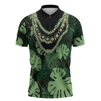 Green Hawaii Kukui Nut Lei Zipper Polo Shirt Hawaiian Pattern Monstera Tropical Vibes LT14 Green - Polynesian Pride