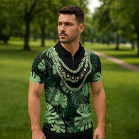 Green Hawaii Kukui Nut Lei Zipper Polo Shirt Hawaiian Pattern Monstera Tropical Vibes LT14 - Polynesian Pride