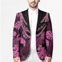 Pink Hawaii Kukui Nut Lei Blazer Hawaiian Pattern Monstera Tropical Vibes - Polynesian Pride