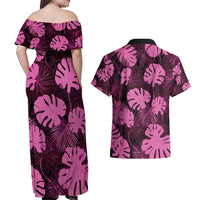 Pink Hawaii Kukui Nut Lei Couples Matching Off Shoulder Maxi Dress and Hawaiian Shirt Hawaiian Pattern Monstera Tropical Vibes - Polynesian Pride