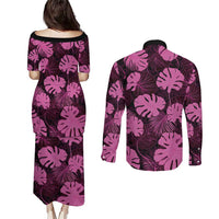 Pink Hawaii Kukui Nut Lei Couples Matching Puletasi and Long Sleeve Button Shirt Hawaiian Pattern Monstera Tropical Vibes LT14 - Polynesian Pride