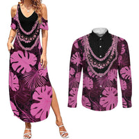 Pink Hawaii Kukui Nut Lei Couples Matching Summer Maxi Dress and Long Sleeve Button Shirt Hawaiian Pattern Monstera Tropical Vibes LT14 Pink - Polynesian Pride