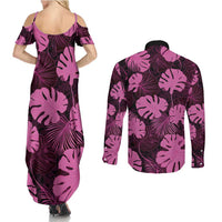 Pink Hawaii Kukui Nut Lei Couples Matching Summer Maxi Dress and Long Sleeve Button Shirt Hawaiian Pattern Monstera Tropical Vibes LT14 - Polynesian Pride