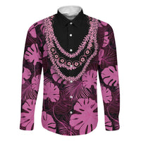 Pink Hawaii Kukui Nut Lei Family Matching Mermaid Dress and Hawaiian Shirt Hawaiian Pattern Monstera Tropical Vibes LT14 Dad's Shirt - Long Sleeve Pink - Polynesian Pride