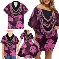 Pink Hawaii Kukui Nut Lei Family Matching Off Shoulder Short Dress and Hawaiian Shirt Hawaiian Pattern Monstera Tropical Vibes - Polynesian Pride