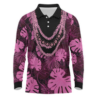Pink Hawaii Kukui Nut Lei Long Sleeve Polo Shirt Hawaiian Pattern Monstera Tropical Vibes LT14 Pink - Polynesian Pride