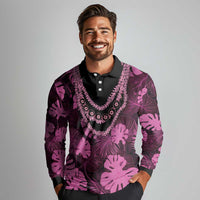 Pink Hawaii Kukui Nut Lei Long Sleeve Polo Shirt Hawaiian Pattern Monstera Tropical Vibes LT14 - Polynesian Pride