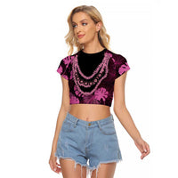 Pink Hawaii Kukui Nut Lei Raglan Cropped T Shirt Hawaiian Pattern Monstera Tropical Vibes LT14 Female Pink - Polynesian Pride