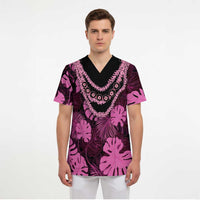 Pink Hawaii Kukui Nut Lei Scrub Top Hawaiian Pattern Monstera Tropical Vibes LT14 - Polynesian Pride