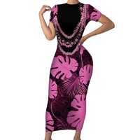 Pink Hawaii Kukui Nut Lei Short Sleeve Bodycon Dress Hawaiian Pattern Monstera Tropical Vibes LT14 Long Dress Pink - Polynesian Pride
