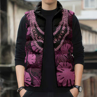 Pink Hawaii Kukui Nut Lei Sleeveless Puffer Jacket Hawaiian Pattern Monstera Tropical Vibes - Polynesian Pride