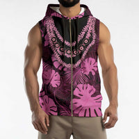 Pink Hawaii Kukui Nut Lei Sleeveless Zip Hoodie Hawaiian Pattern Monstera Tropical Vibes - Polynesian Pride
