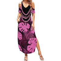 Pink Hawaii Kukui Nut Lei Summer Maxi Dress Hawaiian Pattern Monstera Tropical Vibes LT14 Women Pink - Polynesian Pride
