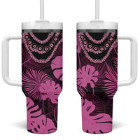 Pink Hawaii Kukui Nut Lei Tumbler With Handle Hawaiian Pattern Monstera Tropical Vibes - Polynesian Pride