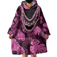 Pink Hawaii Kukui Nut Lei Wearable Blanket Hoodie Hawaiian Pattern Monstera Tropical Vibes LT14 - Polynesian Pride
