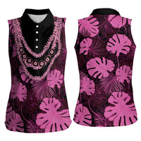 Pink Hawaii Kukui Nut Lei Women Sleeveless Polo Shirt Hawaiian Pattern Monstera Tropical Vibes LT14 - Polynesian Pride
