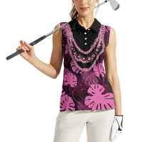Pink Hawaii Kukui Nut Lei Women Sleeveless Polo Shirt Hawaiian Pattern Monstera Tropical Vibes LT14 - Polynesian Pride