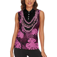 Pink Hawaii Kukui Nut Lei Women Sleeveless Polo Shirt Hawaiian Pattern Monstera Tropical Vibes LT14 - Polynesian Pride