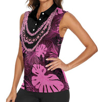 Pink Hawaii Kukui Nut Lei Women Sleeveless Polo Shirt Hawaiian Pattern Monstera Tropical Vibes LT14 - Polynesian Pride