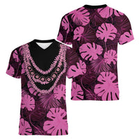 Pink Hawaii Kukui Nut Lei Women V-Neck T-Shirt Hawaiian Pattern Monstera Tropical Vibes LT14 - Polynesian Pride