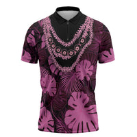 Pink Hawaii Kukui Nut Lei Zipper Polo Shirt Hawaiian Pattern Monstera Tropical Vibes LT14 Pink - Polynesian Pride