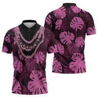 Pink Hawaii Kukui Nut Lei Zipper Polo Shirt Hawaiian Pattern Monstera Tropical Vibes LT14 - Polynesian Pride