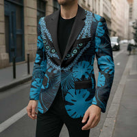 Blue Hawaii Kukui Nut Lei Blazer Hawaiian Pattern Monstera Tropical Vibes - Polynesian Pride