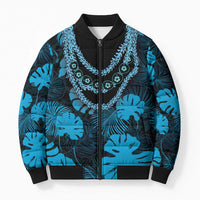 Blue Hawaii Kukui Nut Lei Bomber Puffer Jacket Hawaiian Pattern Monstera Tropical Vibes LT14 Unisex Blue - Polynesian Pride
