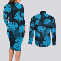 Blue Hawaii Kukui Nut Lei Couples Matching Long Sleeve Bodycon Dress and Long Sleeve Button Shirt Hawaiian Pattern Monstera Tropical Vibes - Polynesian Pride