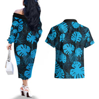 Blue Hawaii Kukui Nut Lei Couples Matching Off The Shoulder Long Sleeve Dress and Hawaiian Shirt Hawaiian Pattern Monstera Tropical Vibes - Polynesian Pride