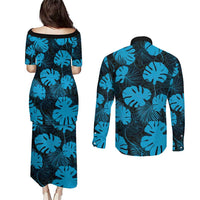 Blue Hawaii Kukui Nut Lei Couples Matching Puletasi and Long Sleeve Button Shirt Hawaiian Pattern Monstera Tropical Vibes LT14 - Polynesian Pride