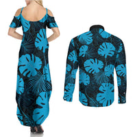 Blue Hawaii Kukui Nut Lei Couples Matching Summer Maxi Dress and Long Sleeve Button Shirt Hawaiian Pattern Monstera Tropical Vibes LT14 - Polynesian Pride